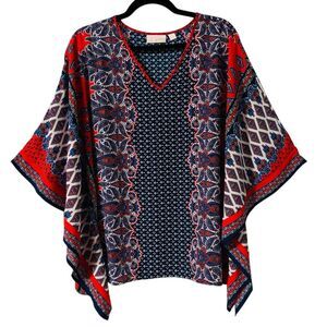 Belle by Kim Gravel M Bandana Print V-Neck caftan blouse style blue & red multi